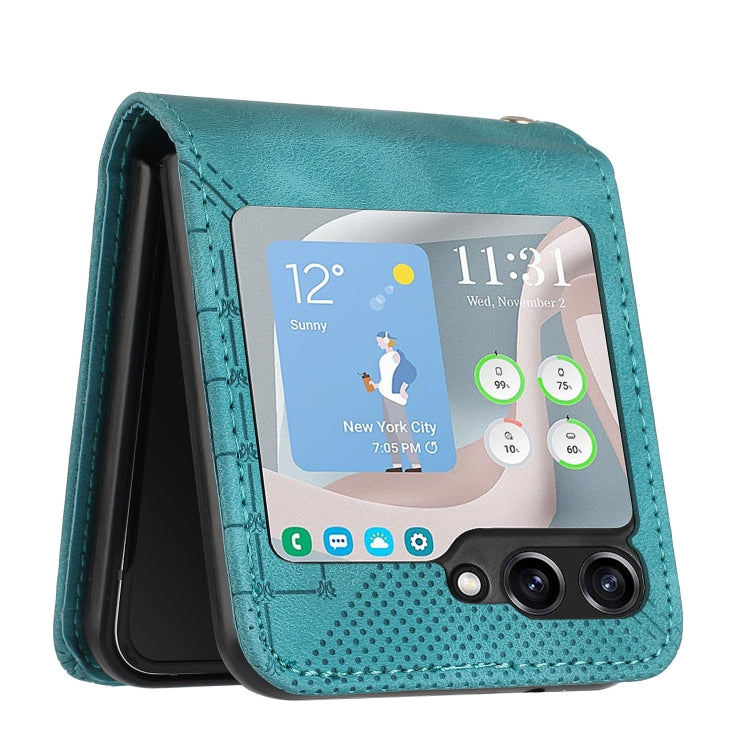 For Samsung Galaxy Z Flip5 YX0080 Grid Butterfly Embossed Pattern Flip Leather Phone Case with Lanyard