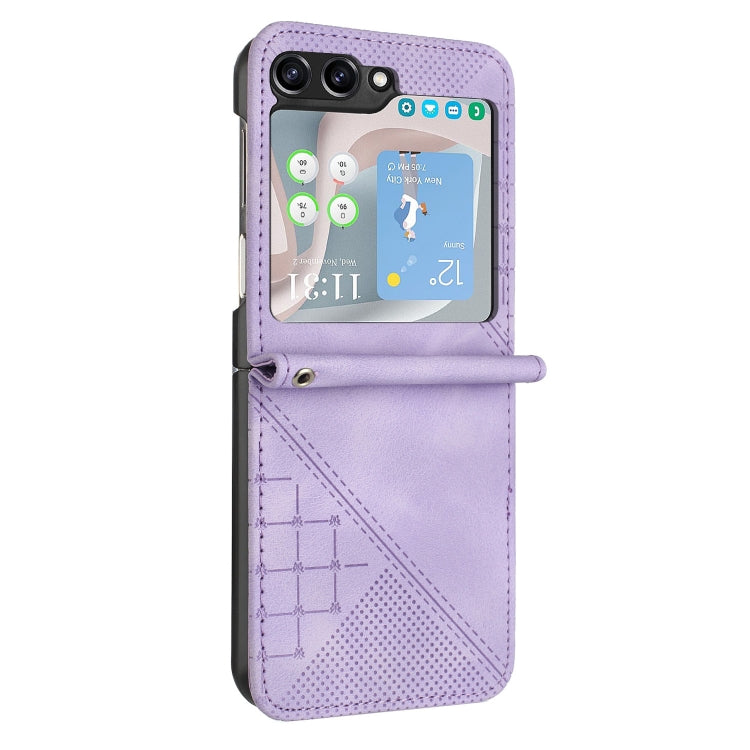 For Samsung Galaxy Z Flip5 YX0080 Grid Butterfly Embossed Pattern Flip Leather Phone Case with Lanyard