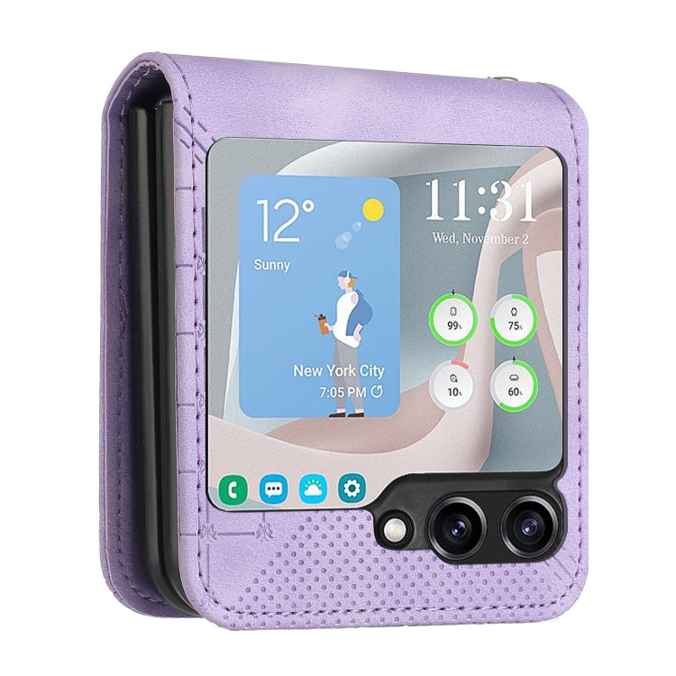 For Samsung Galaxy Z Flip5 YX0080 Grid Butterfly Embossed Pattern Flip Leather Phone Case with Lanyard