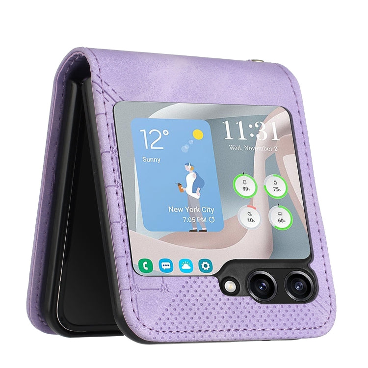 For Samsung Galaxy Z Flip5 YX0080 Grid Butterfly Embossed Pattern Flip Leather Phone Case with Lanyard