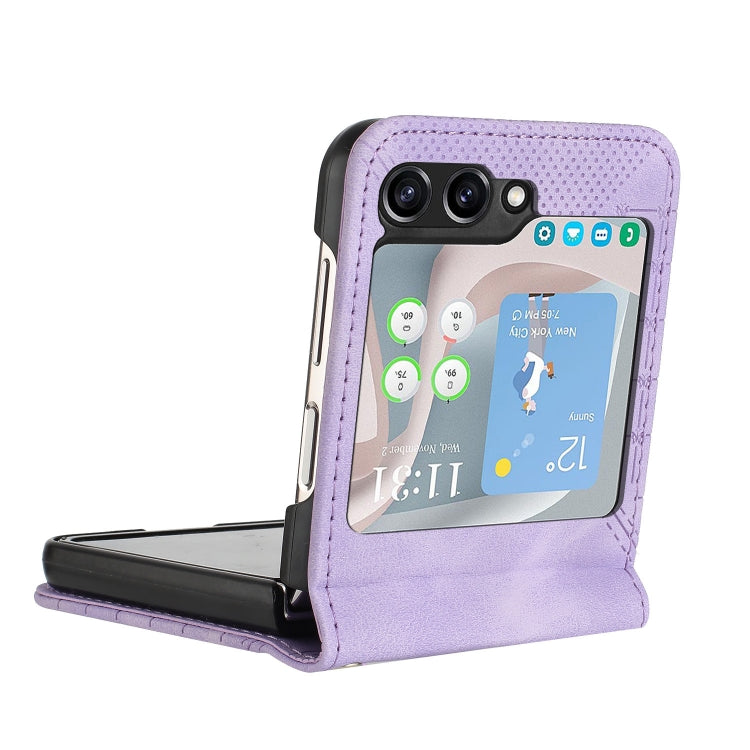 For Samsung Galaxy Z Flip5 YX0080 Grid Butterfly Embossed Pattern Flip Leather Phone Case with Lanyard