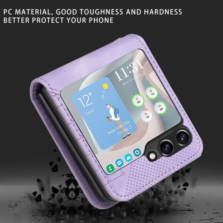 For Samsung Galaxy Z Flip5 YX0080 Grid Butterfly Embossed Pattern Flip Leather Phone Case with Lanyard