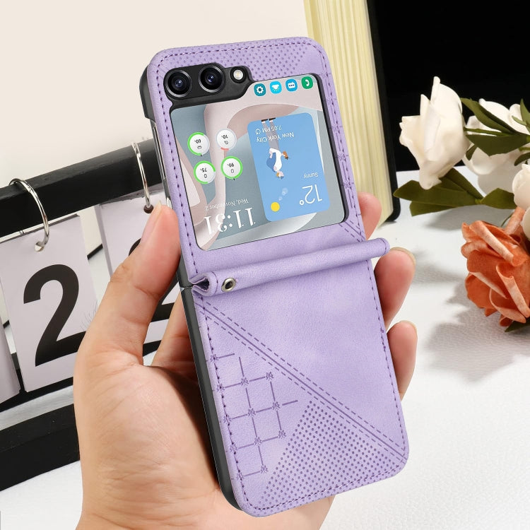 For Samsung Galaxy Z Flip5 YX0080 Grid Butterfly Embossed Pattern Flip Leather Phone Case with Lanyard
