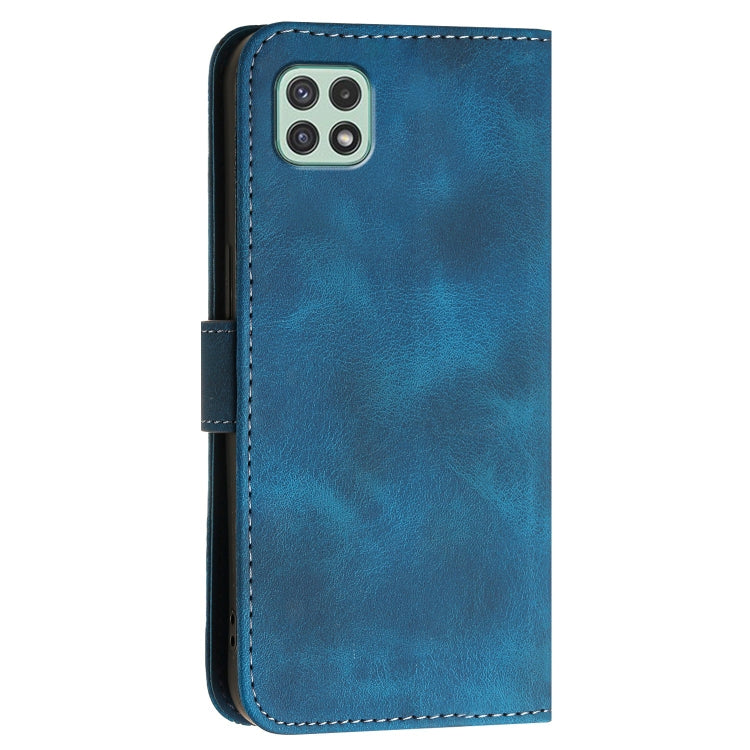 For Samsung Galaxy A22 5G YX0080 Grid Butterfly Embossed Pattern Flip Leather Phone Case with Lanyard