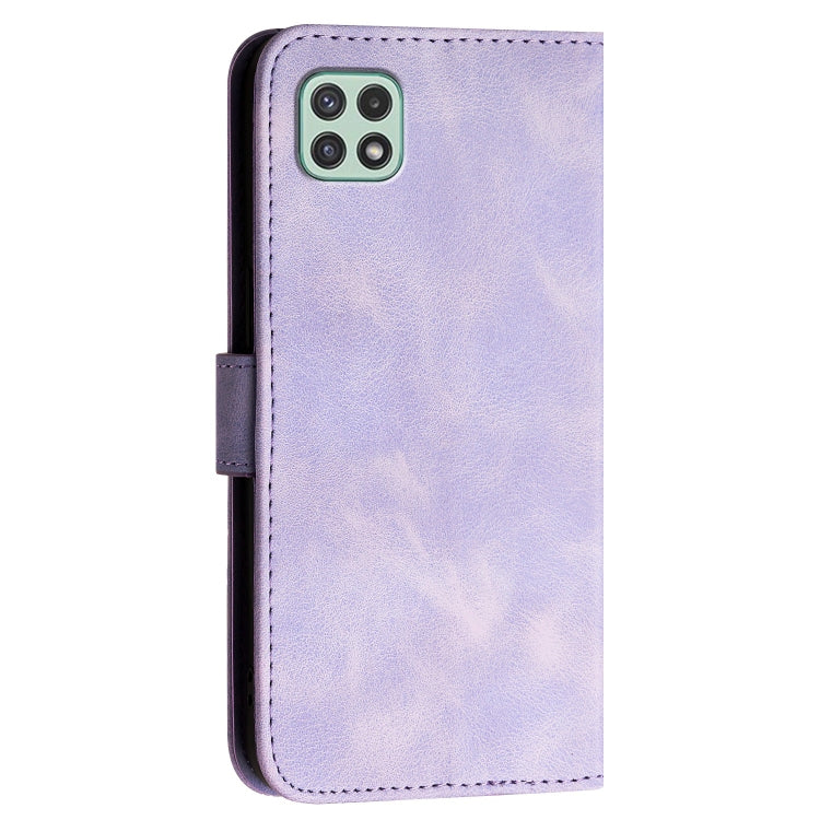For Samsung Galaxy A22 5G YX0080 Grid Butterfly Embossed Pattern Flip Leather Phone Case with Lanyard