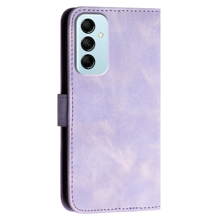 For Samsung Galaxy M14 YX0080 Grid Butterfly Embossed Pattern Flip Leather Phone Case with Lanyard