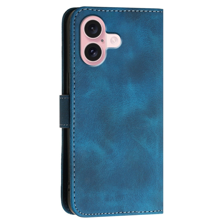 For iPhone 16 YX0080 Grid Butterfly Embossed Pattern Flip Leather Phone Case with Lanyard