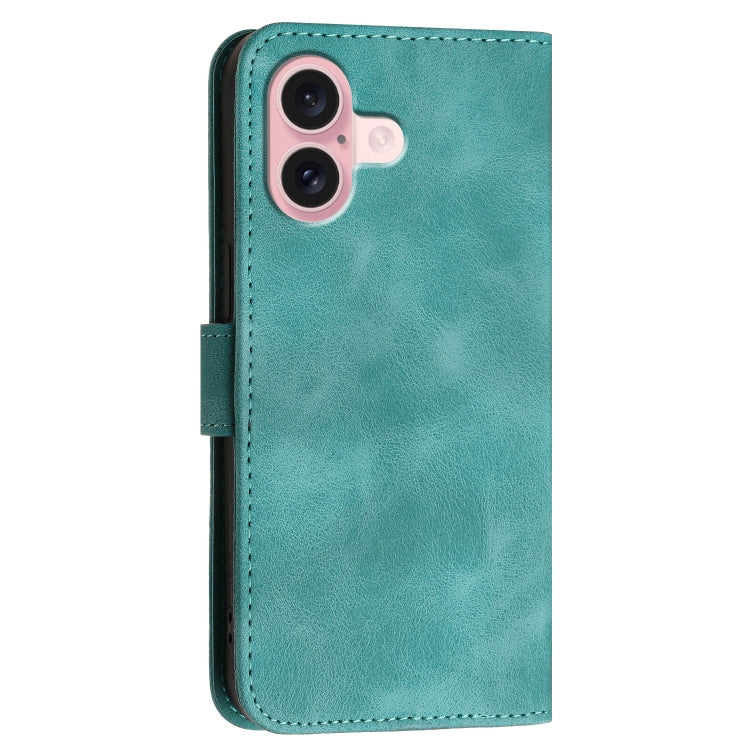 For iPhone 16 YX0080 Grid Butterfly Embossed Pattern Flip Leather Phone Case with Lanyard