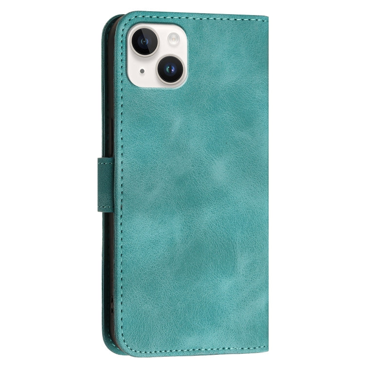 For iPhone 15 Plus YX0080 Grid Butterfly Embossed Pattern Flip Leather Phone Case with Lanyard