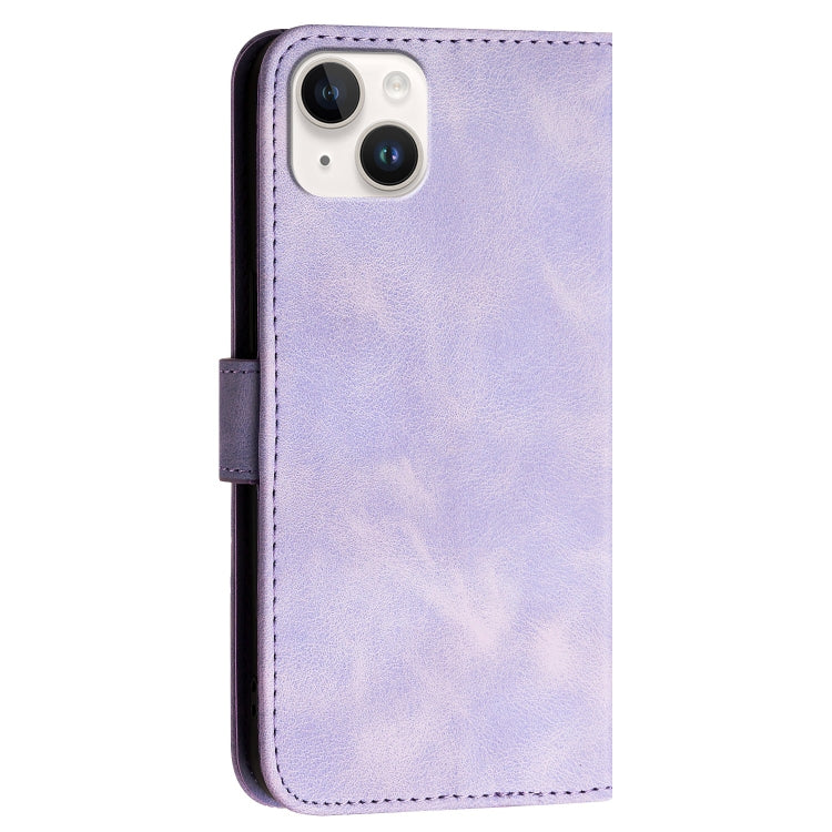 For iPhone 14 Plus YX0080 Grid Butterfly Embossed Pattern Flip Leather Phone Case with Lanyard