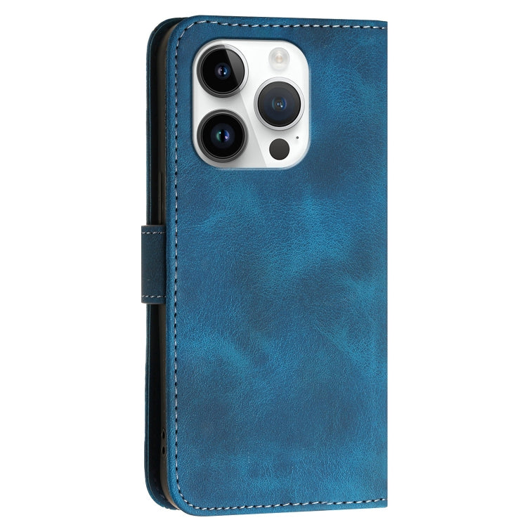 For iPhone 14 Pro YX0080 Grid Butterfly Embossed Pattern Flip Leather Phone Case with Lanyard