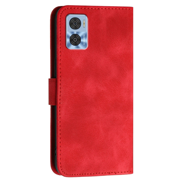 For Motorola Moto E22 Grid Butterfly Embossed Pattern Leather Phone Case with Lanyard