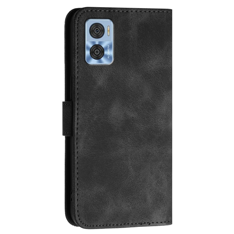 For Motorola Moto E22 Grid Butterfly Embossed Pattern Leather Phone Case with Lanyard