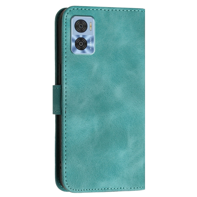 For Motorola Moto E22 Grid Butterfly Embossed Pattern Leather Phone Case with Lanyard