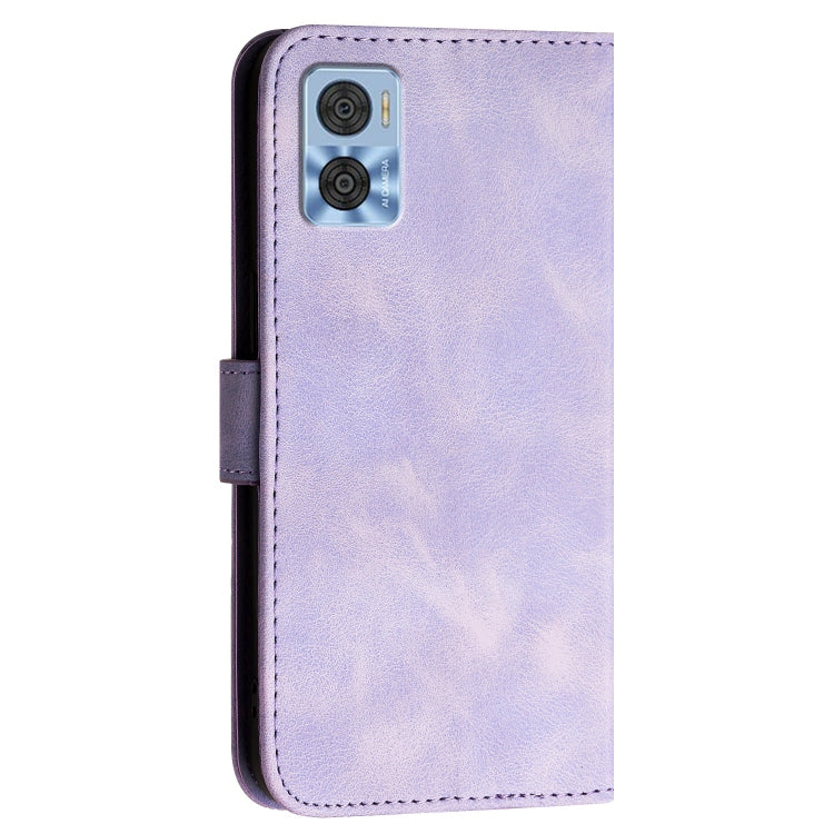 For Motorola Moto E22 Grid Butterfly Embossed Pattern Leather Phone Case with Lanyard