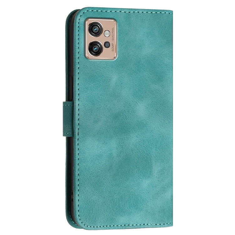 For Motorola Moto G32 Grid Butterfly Embossed Pattern Leather Phone Case with Lanyard