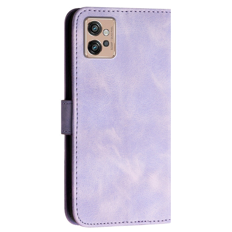For Motorola Moto G32 Grid Butterfly Embossed Pattern Leather Phone Case with Lanyard