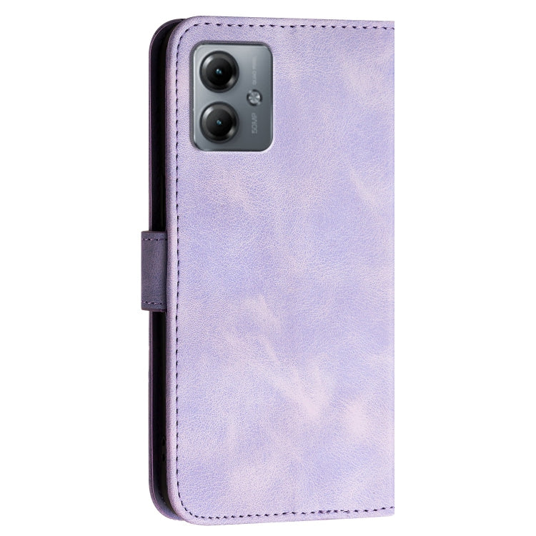 For Motorola Moto G14 Grid Butterfly Embossed Pattern Leather Phone Case with Lanyard