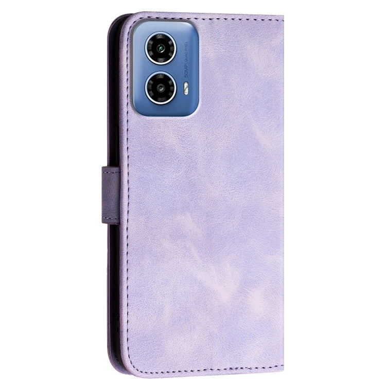 For Motorola Moto G34 Grid Butterfly Embossed Pattern Leather Phone Case with Lanyard