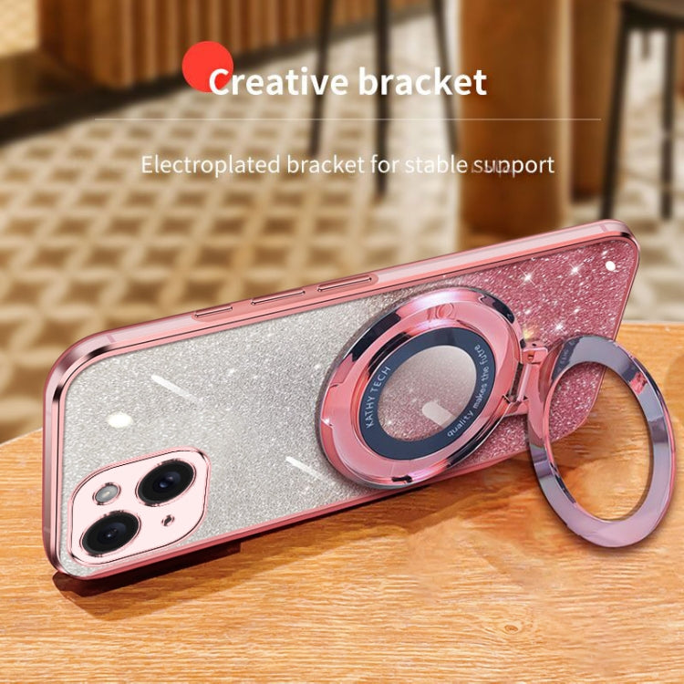 For iPhone 15 Plated Gradient Glitter Round Holder TPU Phone Case