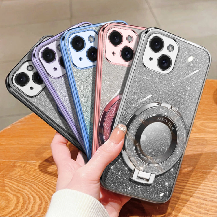 For iPhone 15 Plated Gradient Glitter Round Holder TPU Phone Case