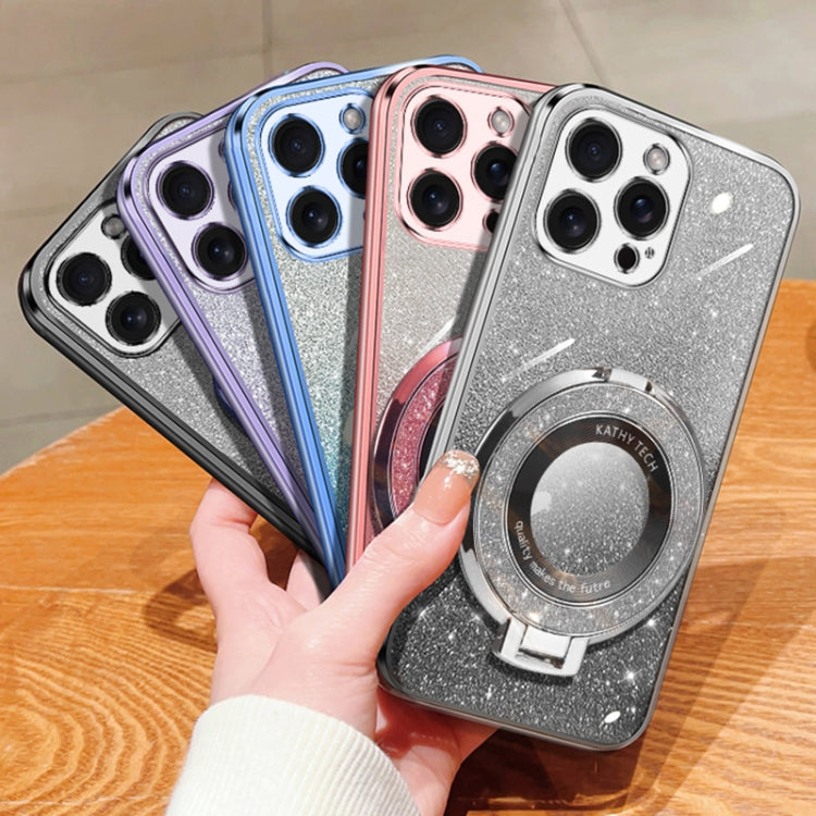 For iPhone 14 Pro Plated Gradient Glitter Round Holder TPU Phone Case