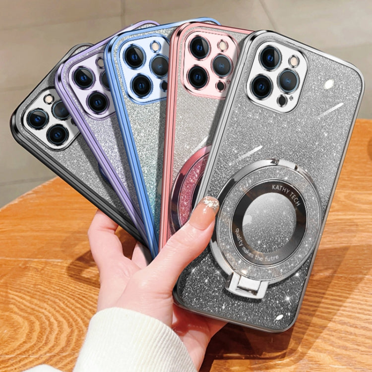 For iPhone 12 Pro Plated Gradient Glitter Round Holder TPU Phone Case