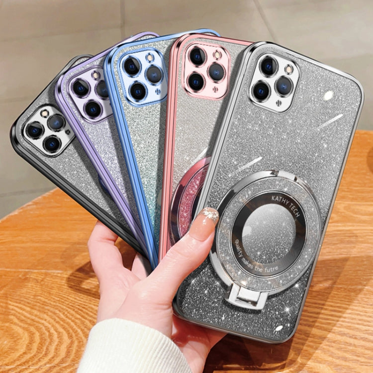 For iPhone 11 Pro Plated Gradient Glitter Round Holder TPU Phone Case