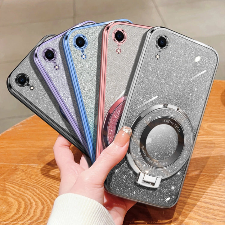 For iPhone XR Plated Gradient Glitter Round Holder TPU Phone Case