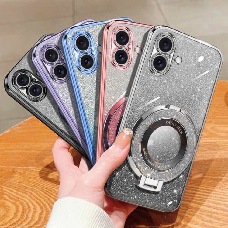 For iPhone 16 Plus Plated Gradient Glitter Round Holder TPU Phone Case