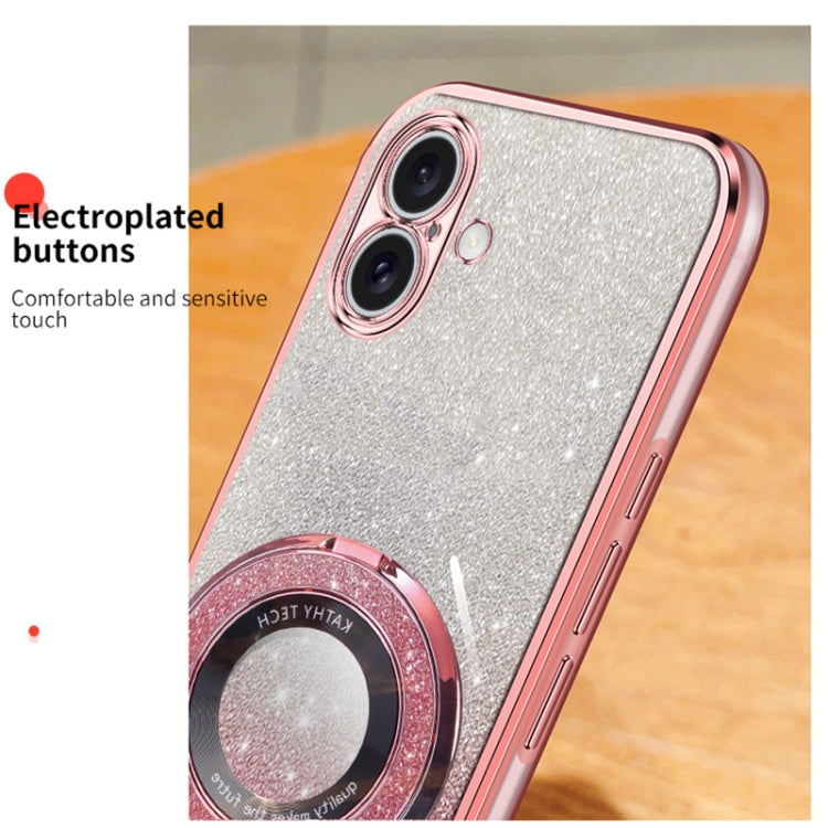 For iPhone 16 Plated Gradient Glitter Round Holder TPU Phone Case
