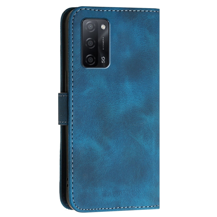 For OPPO A55 5G / A53s 5G Grid Butterfly Embossed Pattern Leather Phone Case with Lanyard