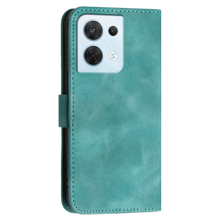 For OPPO Reno8 5G Global Grid Butterfly Embossed Pattern Leather Phone Case with Lanyard