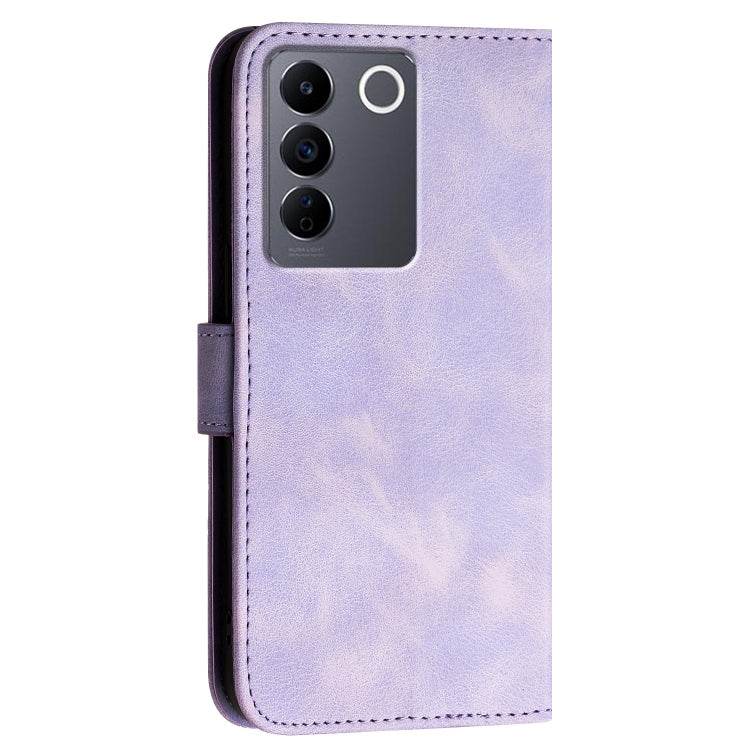 For vivo V27 5G Global Grid Butterfly Embossed Pattern Leather Phone Case with Lanyard