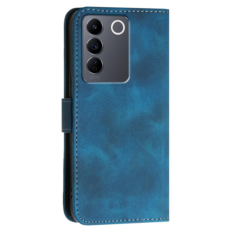 For vivo V27 Pro 5G Global Grid Butterfly Embossed Pattern Leather Phone Case with Lanyard