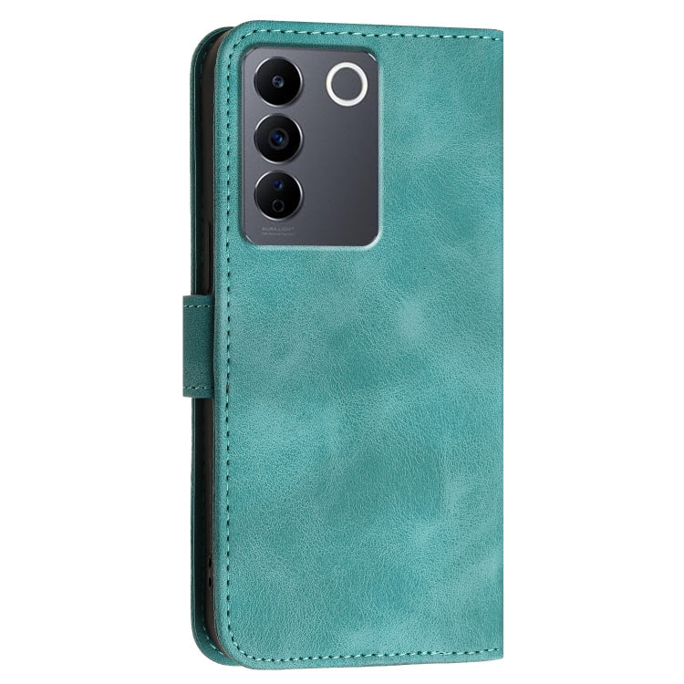 For vivo V27e 4G Global Grid Butterfly Embossed Pattern Leather Phone Case with Lanyard