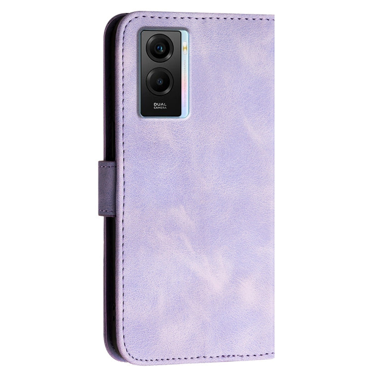 For vivo Y55 5G Global Grid Butterfly Embossed Pattern Leather Phone Case with Lanyard
