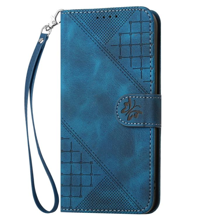 For Tecno Spark Slim Grid Butterfly Embossed Pattern Leather Phone Case with Lanyard