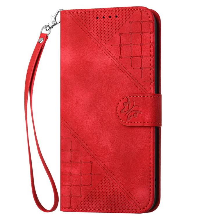 For Tecno Spark Slim Grid Butterfly Embossed Pattern Leather Phone Case with Lanyard