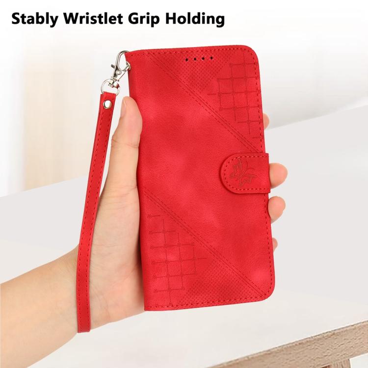 For Tecno Spark Slim Grid Butterfly Embossed Pattern Leather Phone Case with Lanyard