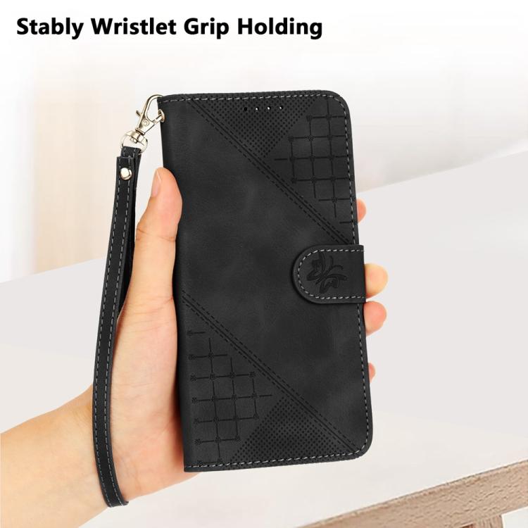For Tecno Spark Slim Grid Butterfly Embossed Pattern Leather Phone Case with Lanyard