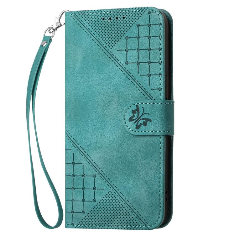 For Tecno Spark Slim Grid Butterfly Embossed Pattern Leather Phone Case with Lanyard