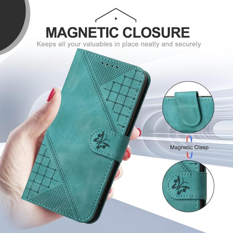 For Tecno Spark Slim Grid Butterfly Embossed Pattern Leather Phone Case with Lanyard