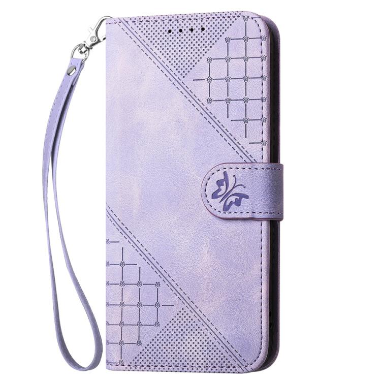 For Tecno Spark Slim Grid Butterfly Embossed Pattern Leather Phone Case with Lanyard