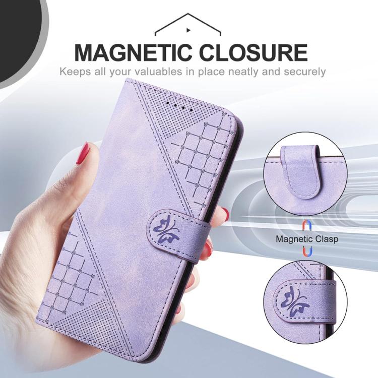 For Tecno Spark Slim Grid Butterfly Embossed Pattern Leather Phone Case with Lanyard