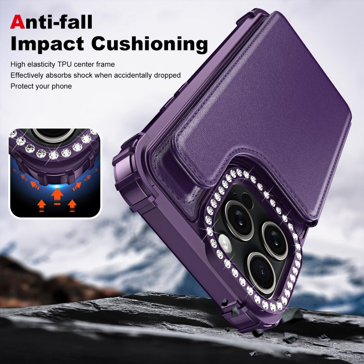 For iPhone 15 Pro Max Diamond Horizontal Card Bag Leather Phone Case