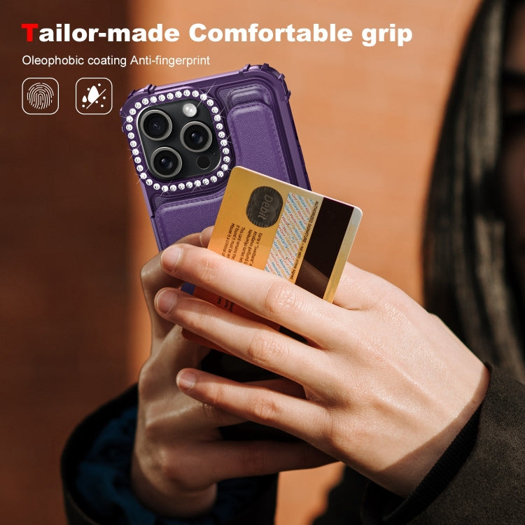 For iPhone 15 Pro Max Diamond Horizontal Card Bag Leather Phone Case