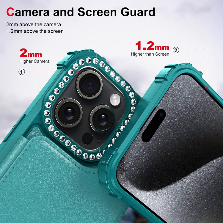 For iPhone 15 Pro Max Diamond Horizontal Card Bag Leather Phone Case