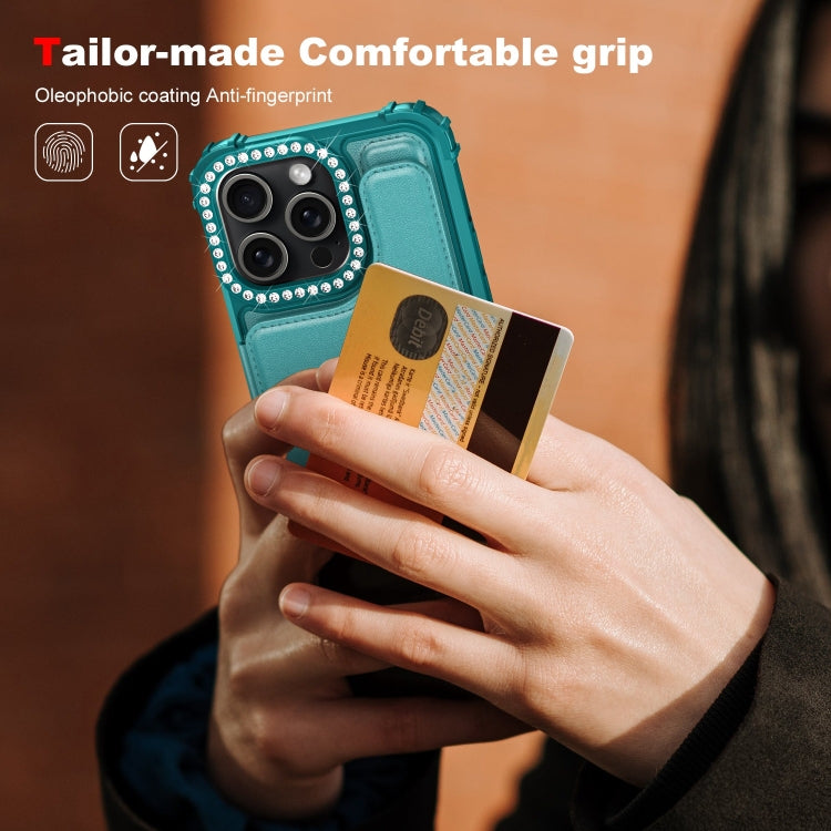 For iPhone 15 Pro Max Diamond Horizontal Card Bag Leather Phone Case