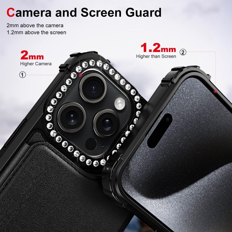 For iPhone 15 Pro Diamond Horizontal Card Bag Leather Phone Case